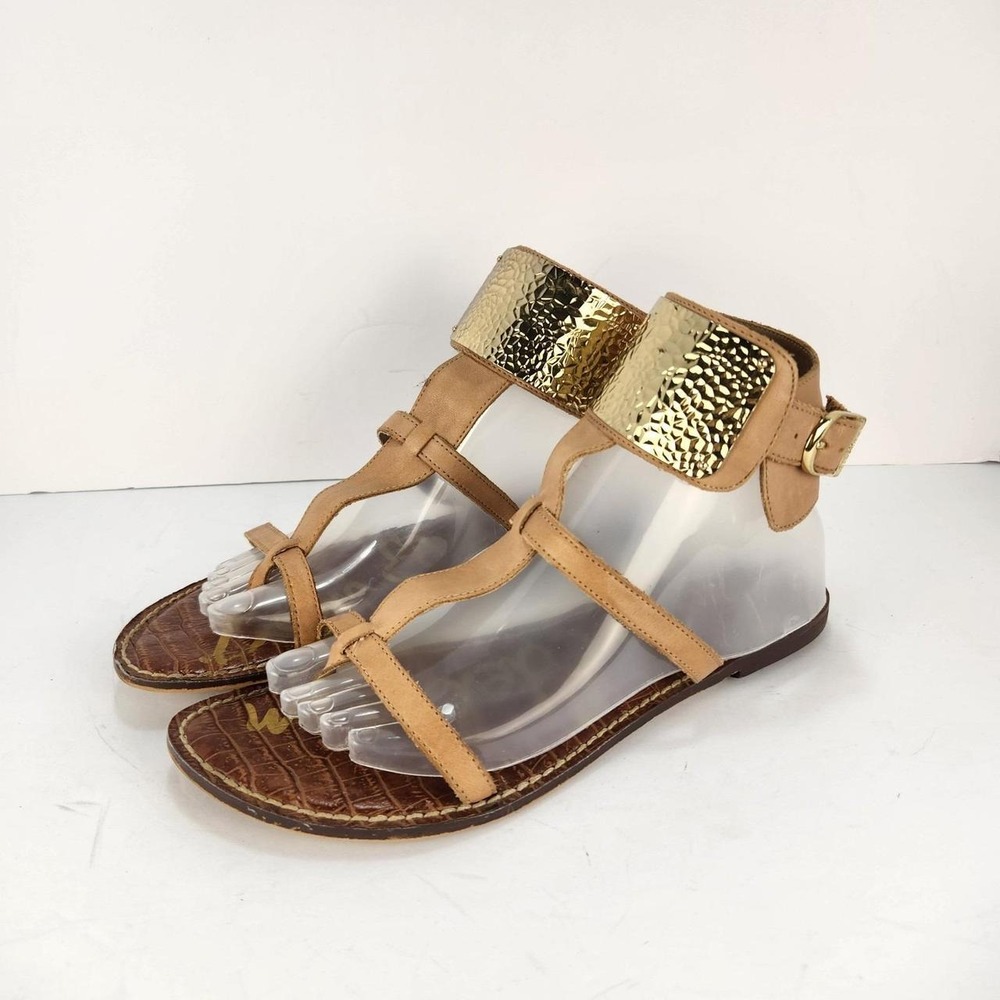 Sam Edelman Women's 9M Tan Gold Cuff Gladiator Sandals Leather Flat Ankle Strap